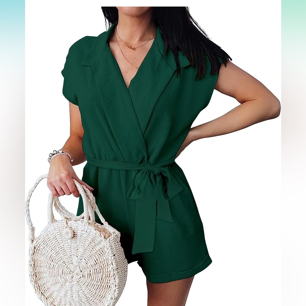 Dressy Lapel V Neck Romper Short Sleeve Pockets Elastic Waist